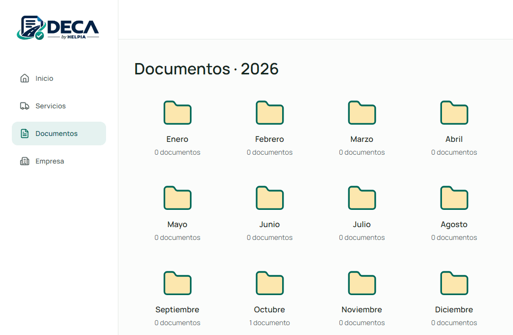 Archivo de Deca By Helpia organizado en las doce carpetas mensuales de 2026, con datos de ejemplo.