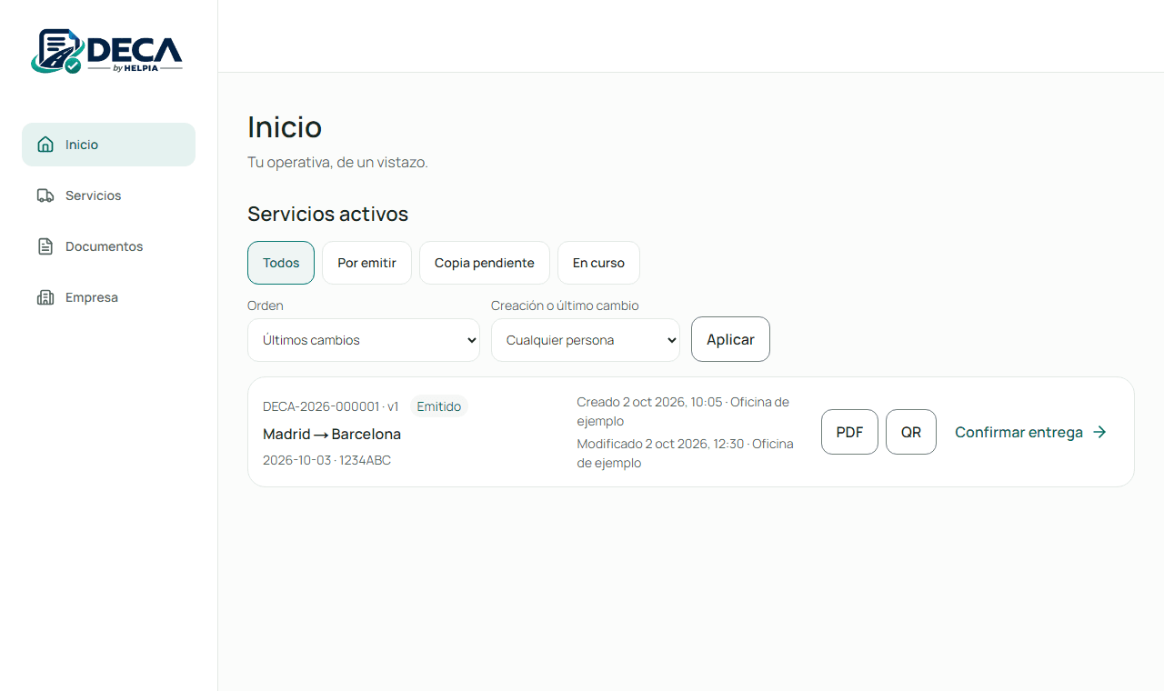 Inicio de Deca By Helpia: servicio de ejemplo con estado, PDF, QR y confirmación de entrega.